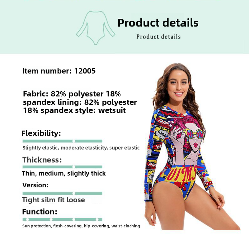 Neu Einteiliges Bikini Persönlichkeit Abstrakte Druck Badeanzug Frauen Langarm_voghion.com