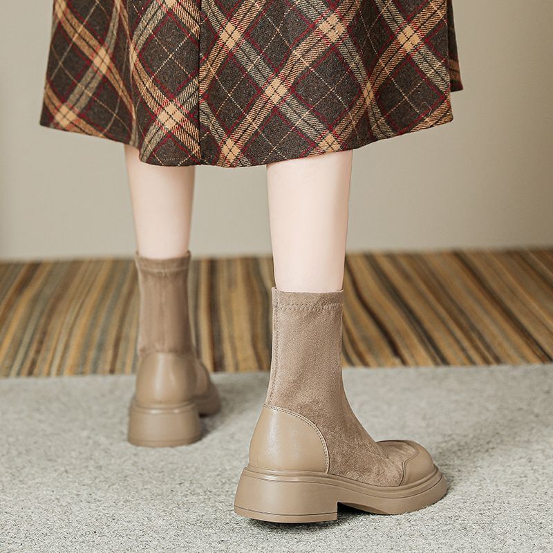 Botas femininas de camurça estilo coreano, bico redondo, meia curta, sola grossa, plataforma, elástica, slim, outono inverno, novas botas Martin_voghion.com