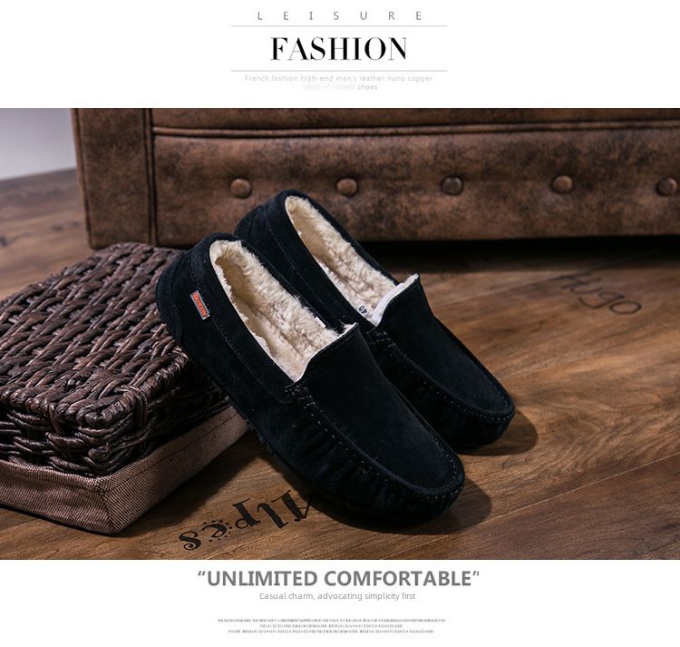 501-3 Winter Heren Bean Schoenen Katoenen Schoenen Rijschoenen Lage Top Mid-mouth Flip-on Warme Platte Casual Leren Schoenen met Fluweel_voghion.com