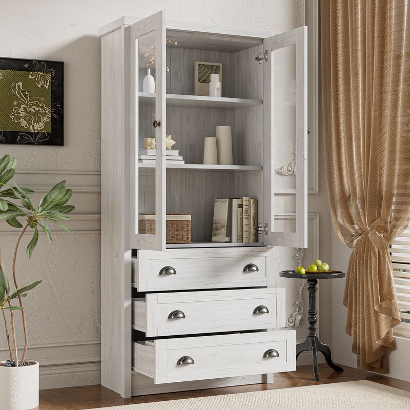 Highboard 80x171cm Holzoptik mit Glastüren, 3 Schubladen, Kupfergriffen_voghion.com