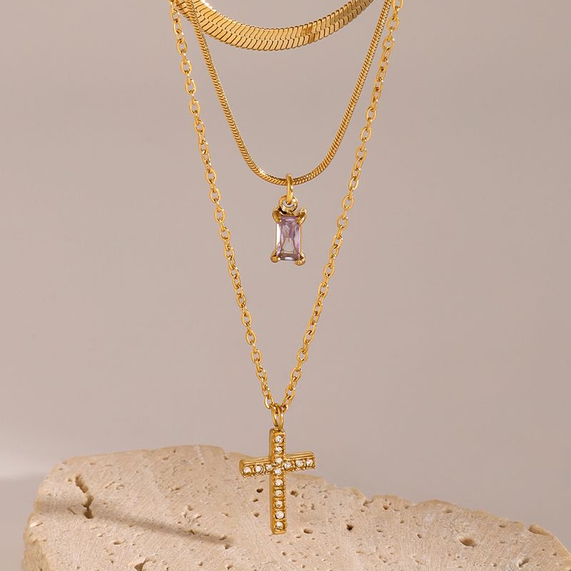 Collana girocollo con ciondolo geometrico in acciaio inossidabile a strati, con zirconi, per donne, elegante e alla moda_voghion.com