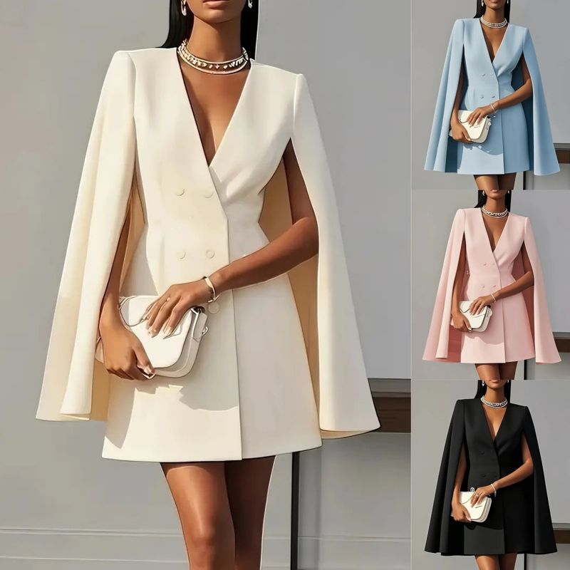Women Fashion Commuter Solid Blazers Dress Office Double Breasted Waist Party Dress Elegant V-neck Shawl Cape Sleeve Midi Dress_voghion.com