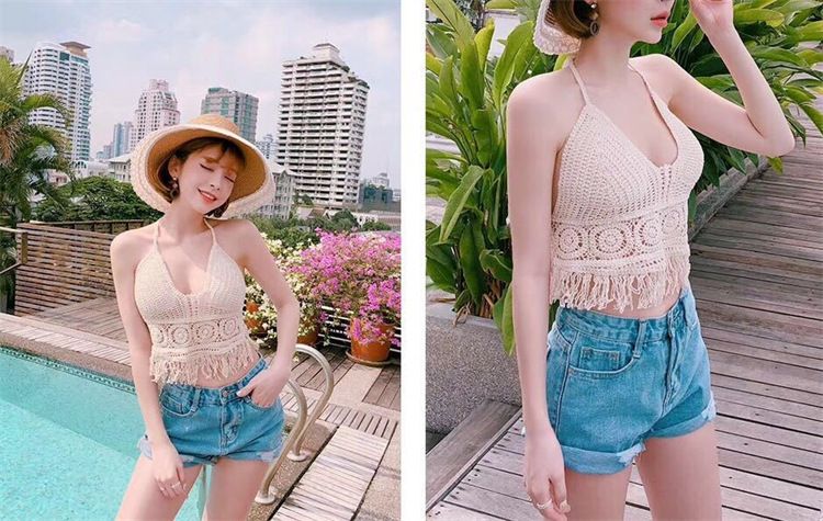 Halter neck small vest sling inner wear with exposed shoulder straps and chest pads backless hollow tube top embroidered vest women's summer short top_voghion.com