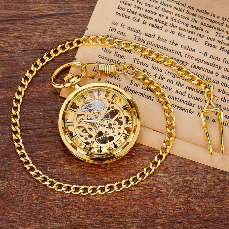 Hot Style Multi-color Skeleton No Cover Full Gold Manual Mechanical Pocket Watch_voghion.com