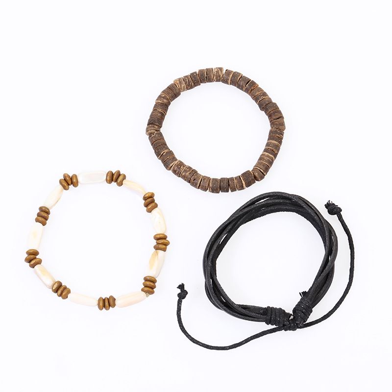 Minimalist Handwoven For Men Genuine Leather Shell Bead Three-Piece Bracelet Set_voghion.com