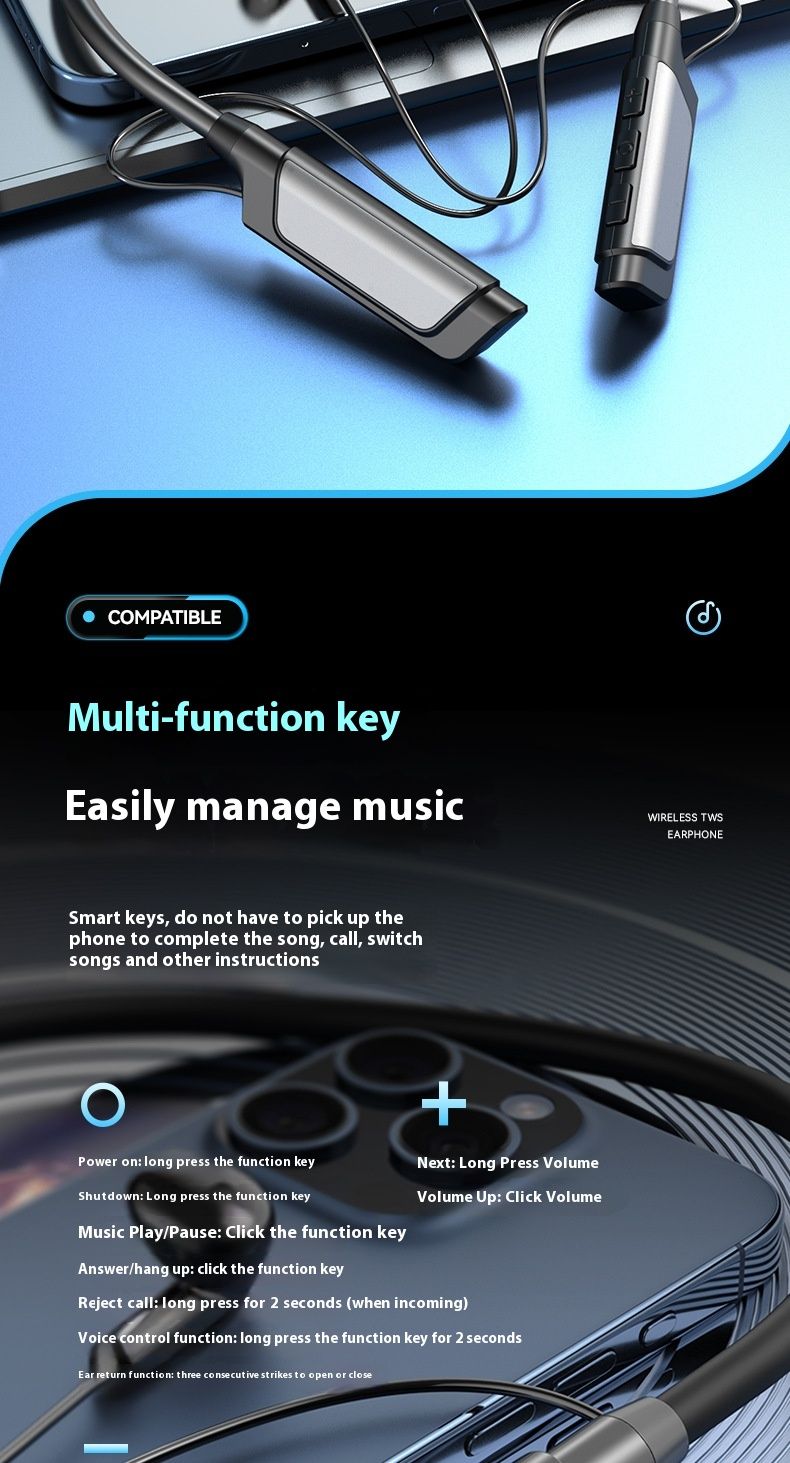 Novos fones de ouvido esportivos sem fio Bluetooth com redução de ruído estéreo montado no pescoço universal 5.0_voghion.com