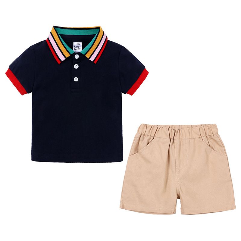 Kid's Clothing Ins New Children's Clothing Summer Lapel T Shirt Children's Shorts Two Piece Suit Boys Short Sleeve_voghion.com