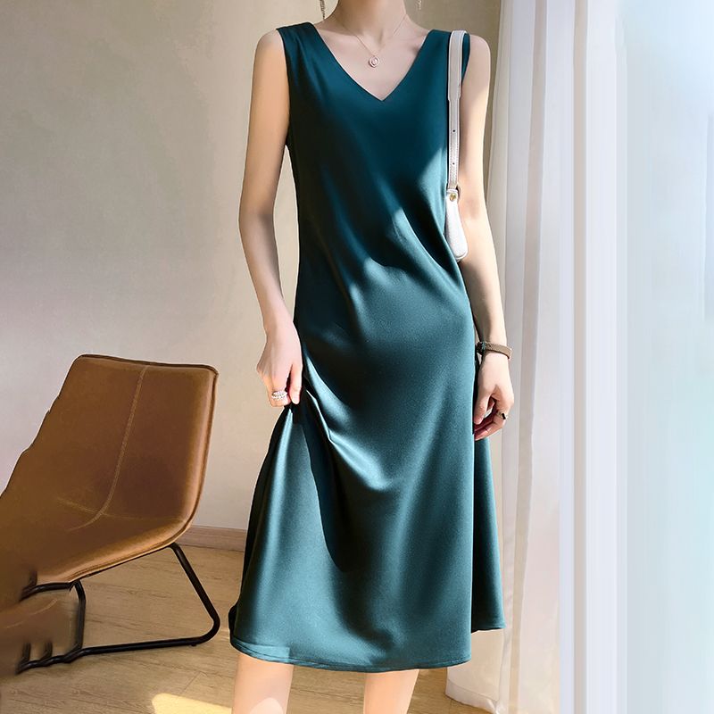 Vestito lungo da donna nero in raso, senza maniche, di media lunghezza, con interno in tinta unita, di alta qualità, con cinturino in acetato, primavera estate_voghion.com