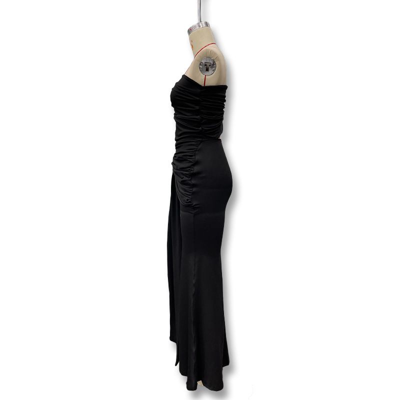 Abito lungo arricciato con lacci, tinta unita, alla moda, con schiena scoperta, monospalla, estivo 2025_voghion.com