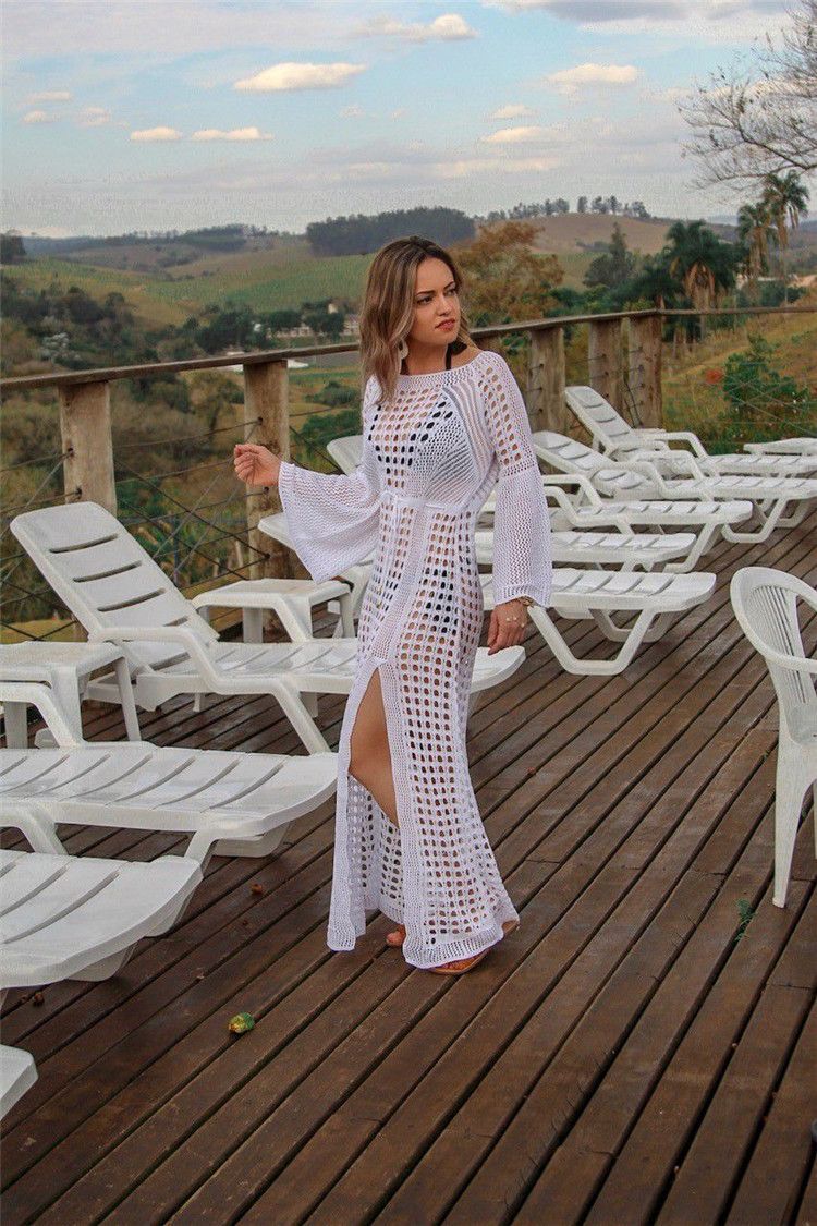 Abbigliamento da donna, sexy, in maglia cava, da spiaggia, sexy, in pizzo, in maglia, da spiaggia, abito a maniche lunghe, con spacchi laterali, costume da bagno, copricostume trasparente per donna_voghion.com