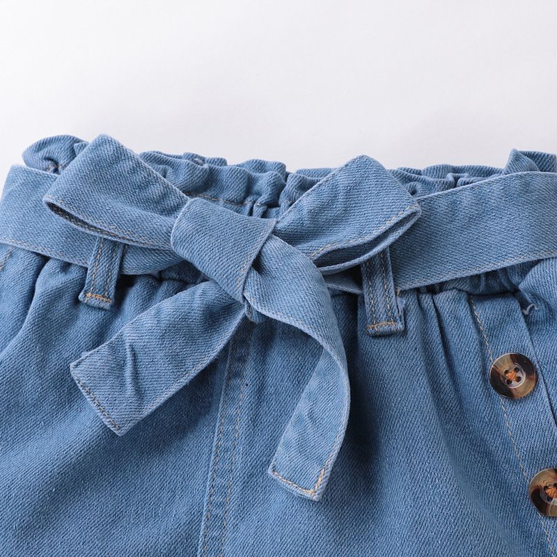 Mother&Kids Children's summer set solid color single strap sleeveless lace top denim shorts two pieces_voghion.com