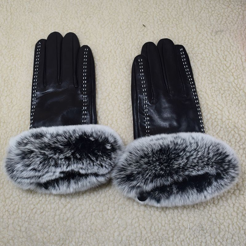 Hebei Genuine Leather For Women Winter Fleece-Lined Fingerless Touchscreen Rabbit Fur Double-Line Handmade Sheepskin_voghion.com