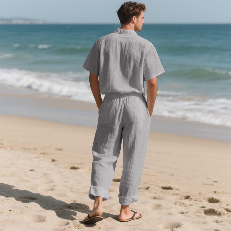 Set de cămașă și pantaloni scurți de plajă din in pentru bărbați, costum casual de vară cu mânecă scurtă_voghion.com