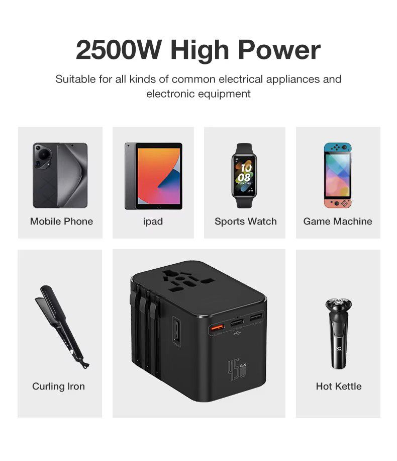 Universaladapter mit 3 Typ-C 2 USB 45W Schnelllade-All-in-One-Ladegerät EU/UK/USA/AUS Reisesteckdose_voghion.com