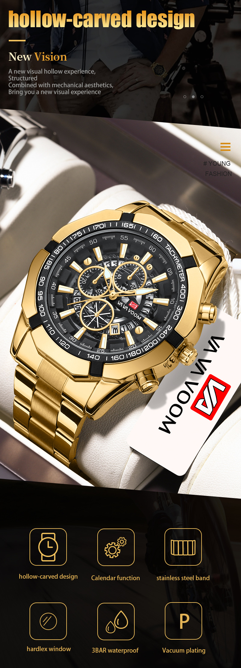 2023 Nieuw horloge heren stalen band drie ogen zes naald gloed kalender sport waterdicht quartz horloge_voghion.com