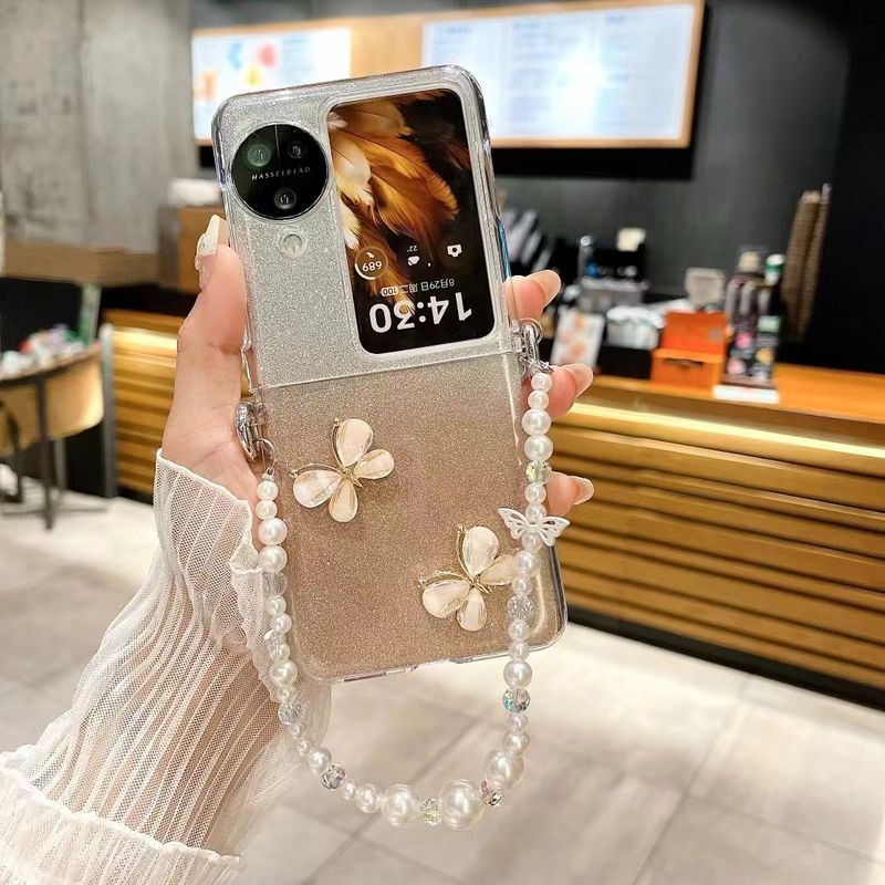 For Oppo Find N3 Flip ver Cute Glitter Butterfly Crystal Pearl Wrist Chain Strap Phone Case Cover_voghion.com