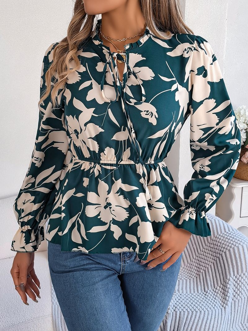 2025 herbst Winter Neue Casual Floral Lace-Up Langarm Chiffon Bluse frauen Mode_voghion.com