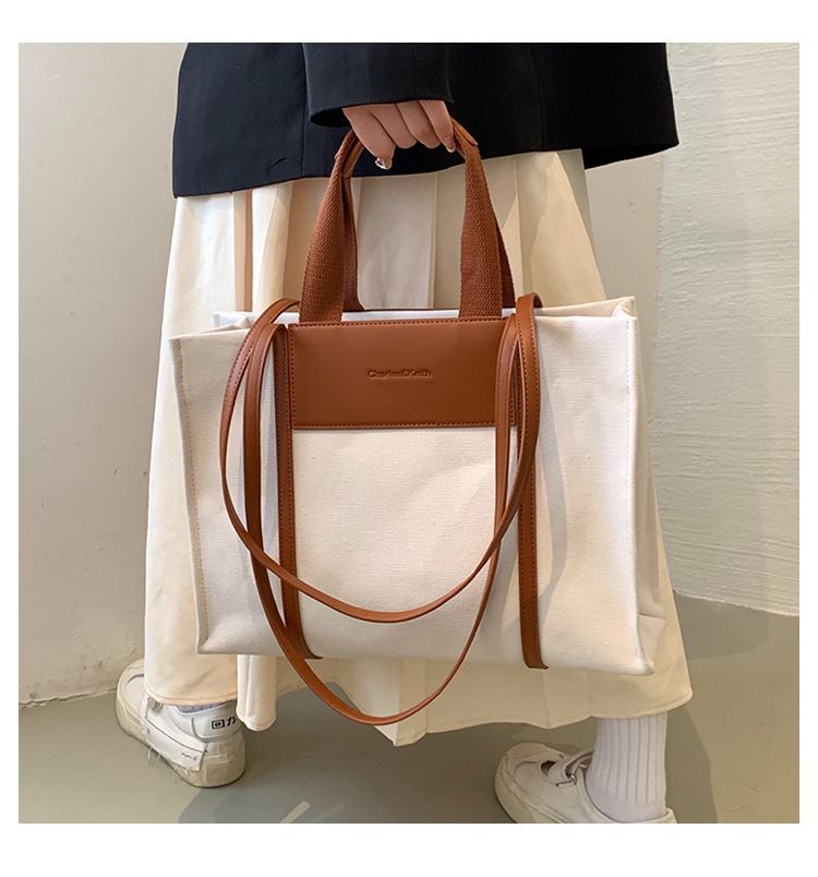 Borse tote da donna, semplici borse tote da donna con colori di tela a contrasto e tracolla singola di grande capacità._voghion.com