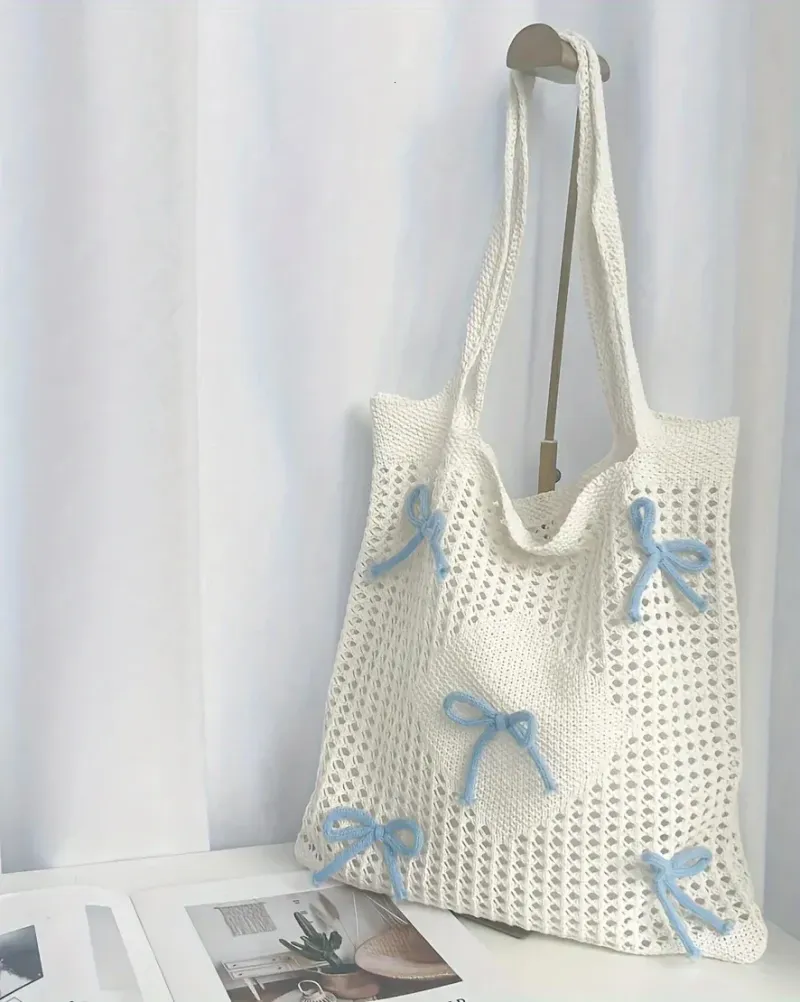 Preppy Style Crochet Tote With Butterfly Accents Solid Color Polyester Shoulder Foldable Fashion Beach Bag 250402_voghion.com