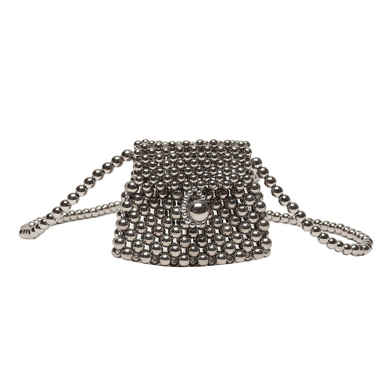 Sac bandoulière haut de gamme pour femme, argenté métallisé, perlé, simple épaule, mini, mignon, accessoire de mode d'été, petit, tendance_voghion.com