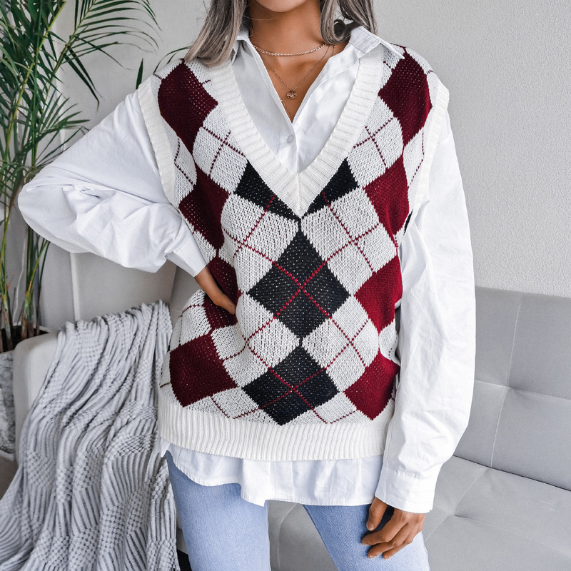 Vêtements pour femmes automne et hiver style collégial losange col en v décontracté gilet tricoté ample pull vêtements pour femmes_voghion.com