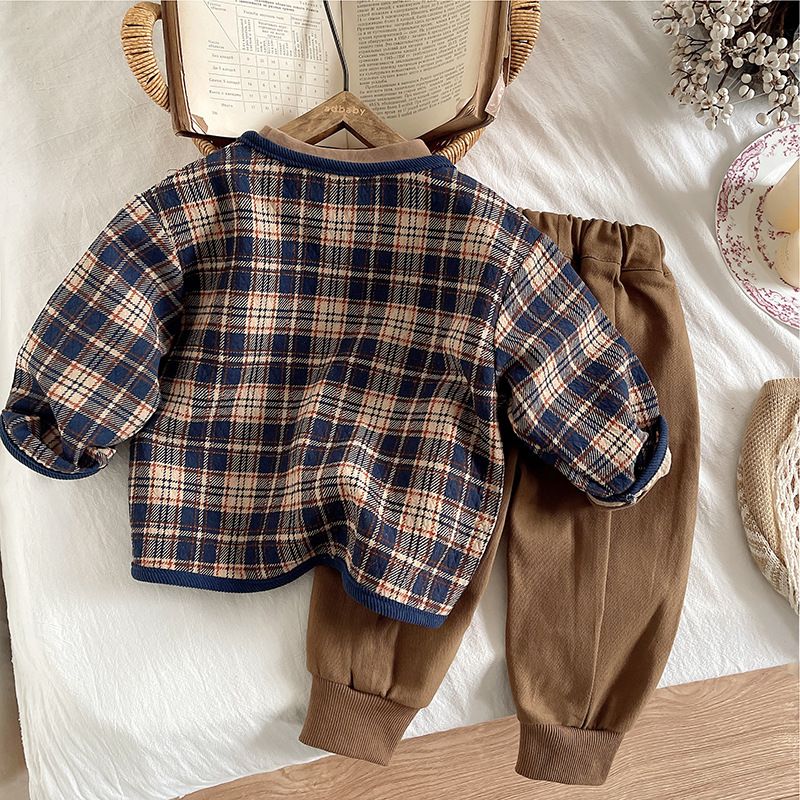 Boys' Spring New Fashionable Western Baby And Children's Princess Style Long Sleeve Checkered Coat Three Piece Set_voghion.com