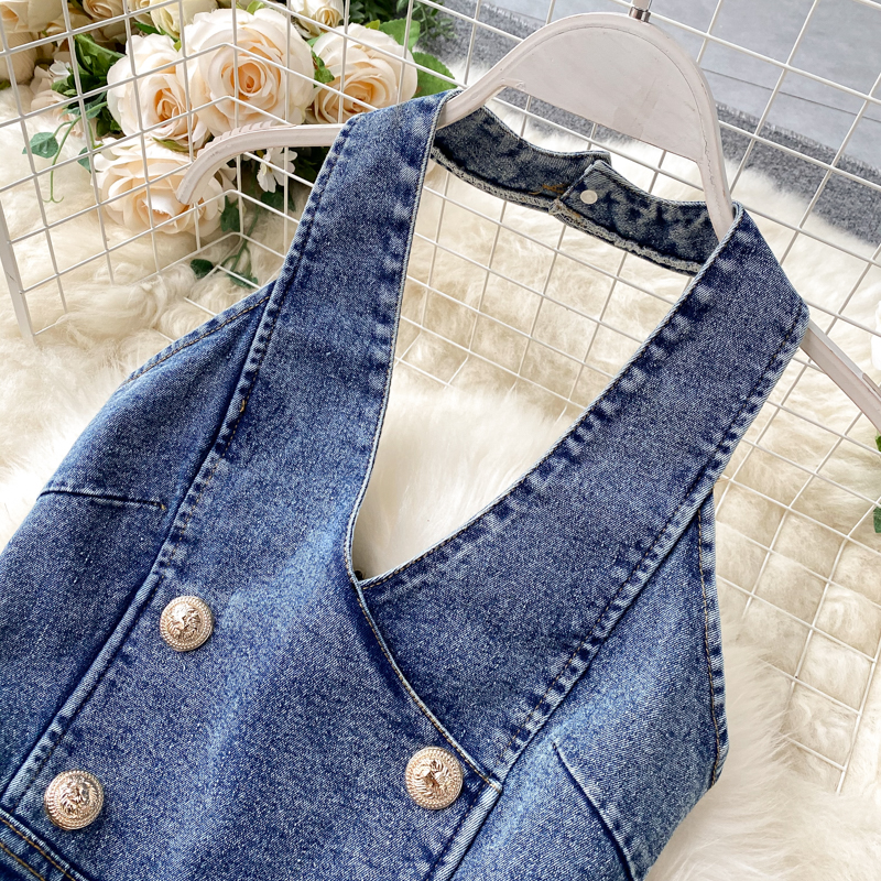 Damemode ærmeløs grime højtaljet slim denim jumpsuit med brede ben_voghion.com