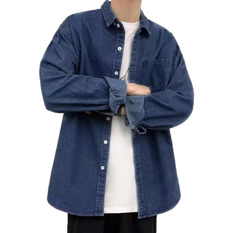 Camicia da lavoro a maniche lunghe in denim lavato da uomo, nuova tendenza primavera-autunno, casual, versatile ed elegante._voghion.com