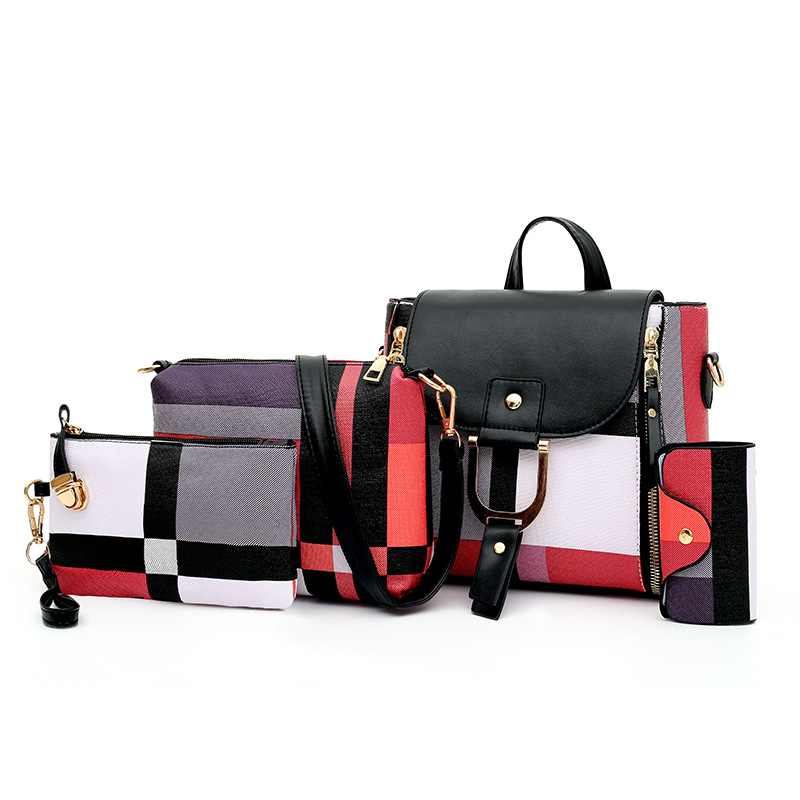 Plaid Pattern Purse Set 4pcs, Women's Trendy Backpack & Shoulder Bag & Clutch Bag & Card Holder_voghion.com