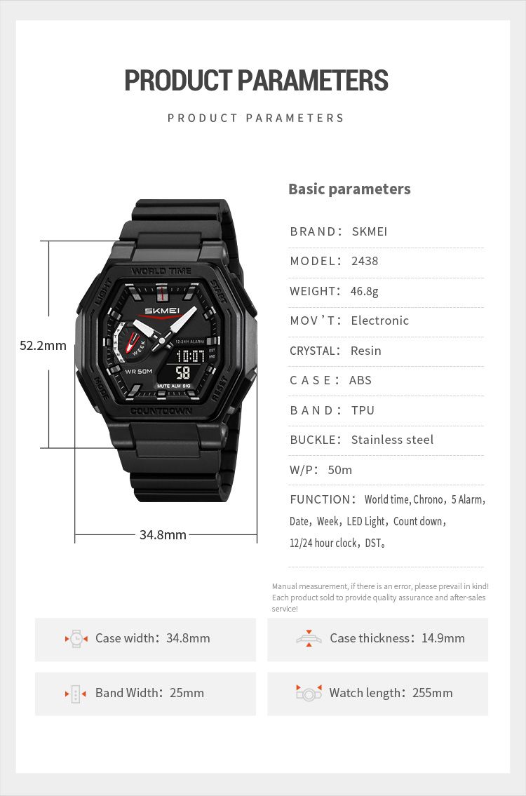 Orologio elettronico digitale con display luminoso, sportivo, al quarzo, con 5 allarmi, per uomo e donna, impermeabile, con ora mondiale._voghion.com