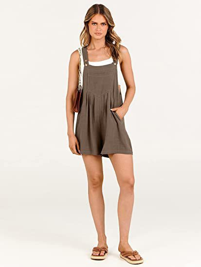 Women's pocket cotton and linen loose casual slim wide-leg jumpsuit shorts for women_voghion.com