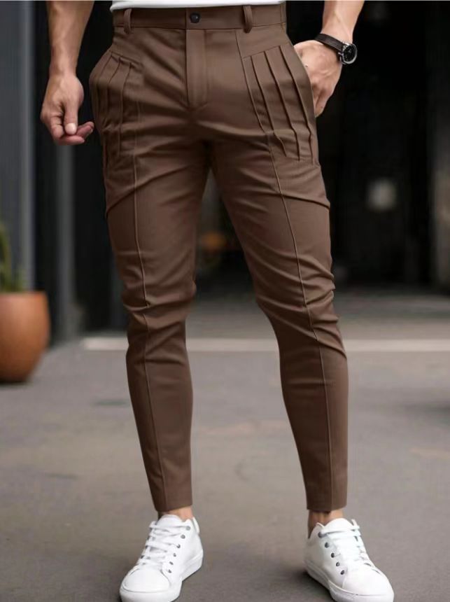 Men's Clothing Hot Selling Men's Solid Color Tight Pocket Zipper Casual Slim Fit Small Leg Trousers_voghion.com