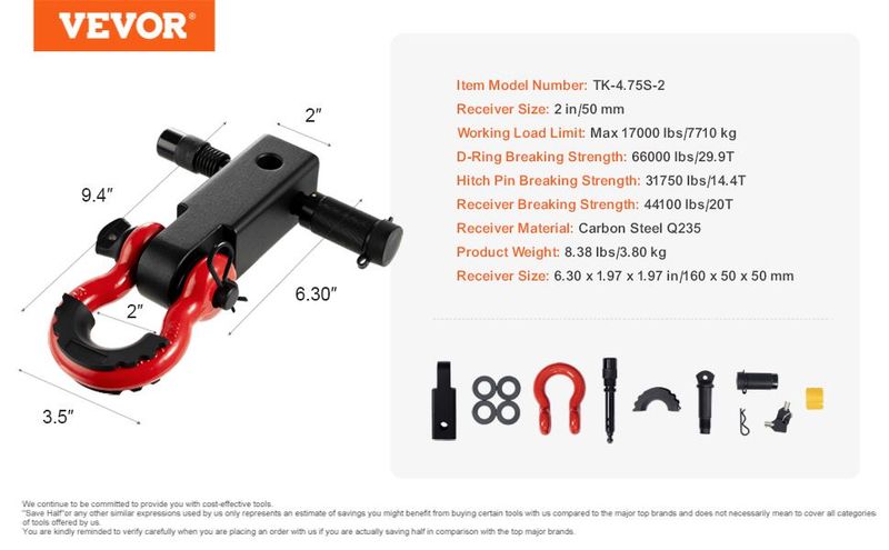 VEVOR 2" Trailer Shackle Hitch Receiver D-Ring Recovery For Truck Jeep 66000 Lbs_voghion.com