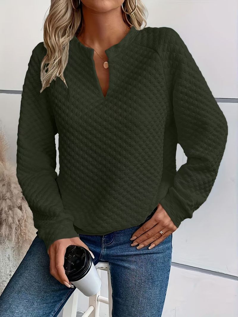 2025 Herbst Neue Feste Farbe Tiefem V-ausschnitt Patchwork Langarm frauen Casual Sweatshirt_voghion.com