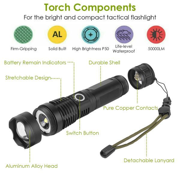 Taktische LED-Taschenlampe, zoombar, wiederaufladbar, Suchscheinwerfer, 50000 lm, mit 5 Modi, SOS-Nachtlicht für nächtliche Wanderabenteuer_voghion.com