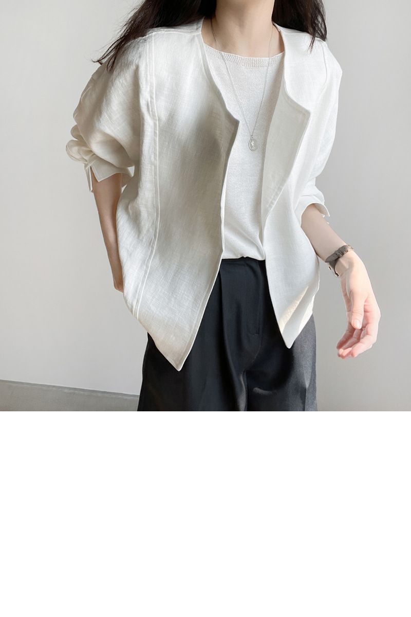 Korean chic 2024 summer new cotton and linen cardigan solid color simple thin style cuffs slit long sleeved short jacket_voghion.com
