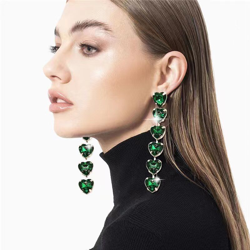 Exquisite crystal pendant with diamond studded peach girl's heart earrings, and slim looking fairy style forest ear_voghion.com