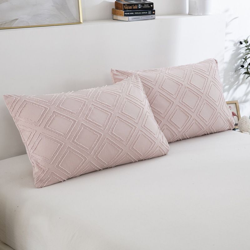 Hellrosa geometrisches Jacquard-Bettbezug-Set – 3-teilige Flanellbettwäsche mit floralem Cut-Out-Design_voghion.com