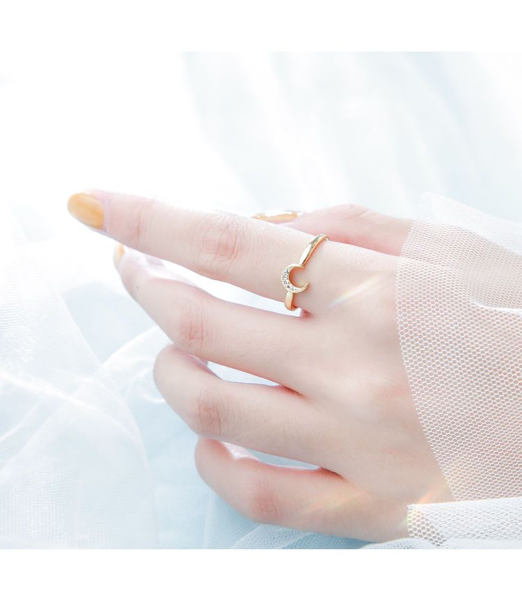 Anello aperto in argento puro con dito indice a forma di stella e luna, anello alla moda per donna, stile minimalista_voghion.com