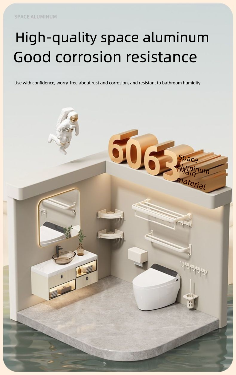 Cream Color Space Aluminum No-Drill Bathroom Storage Rack Foldable Towel Bar Organizer_voghion.com