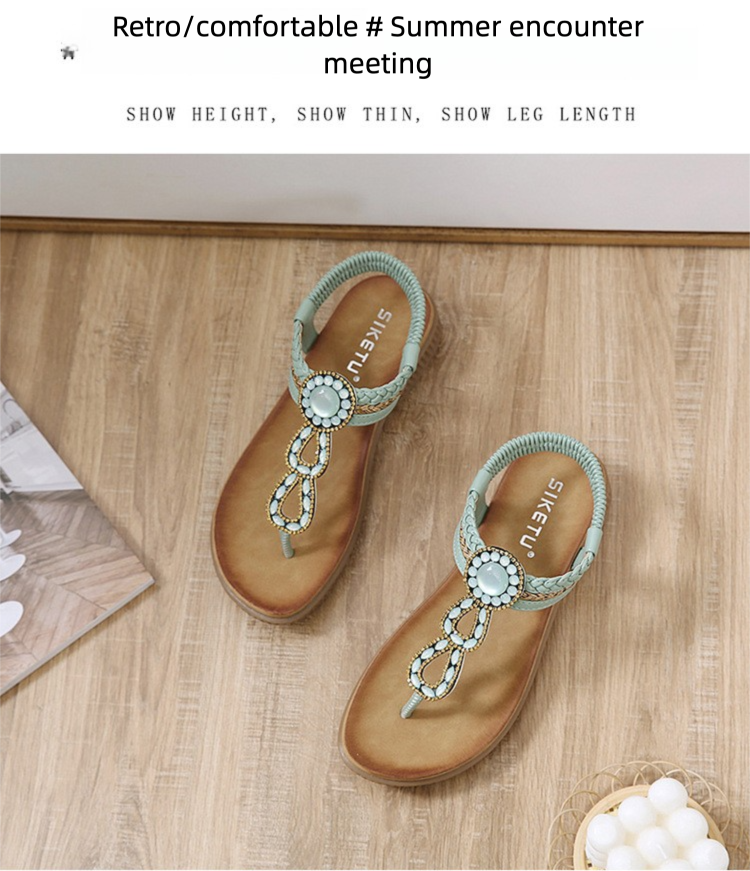 2025 New Style Sandals Bohemian Rhinestone Comfortable Round Toe Beach Vacation Large Size Flat Shoes_voghion.com