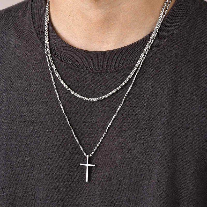 Collane da uomo Vnox, ciondolo a croce semplice a strati in acciaio inossidabile, collana con catena a scatola di corda, semplice collare con preghiera di Gesù_voghion.com