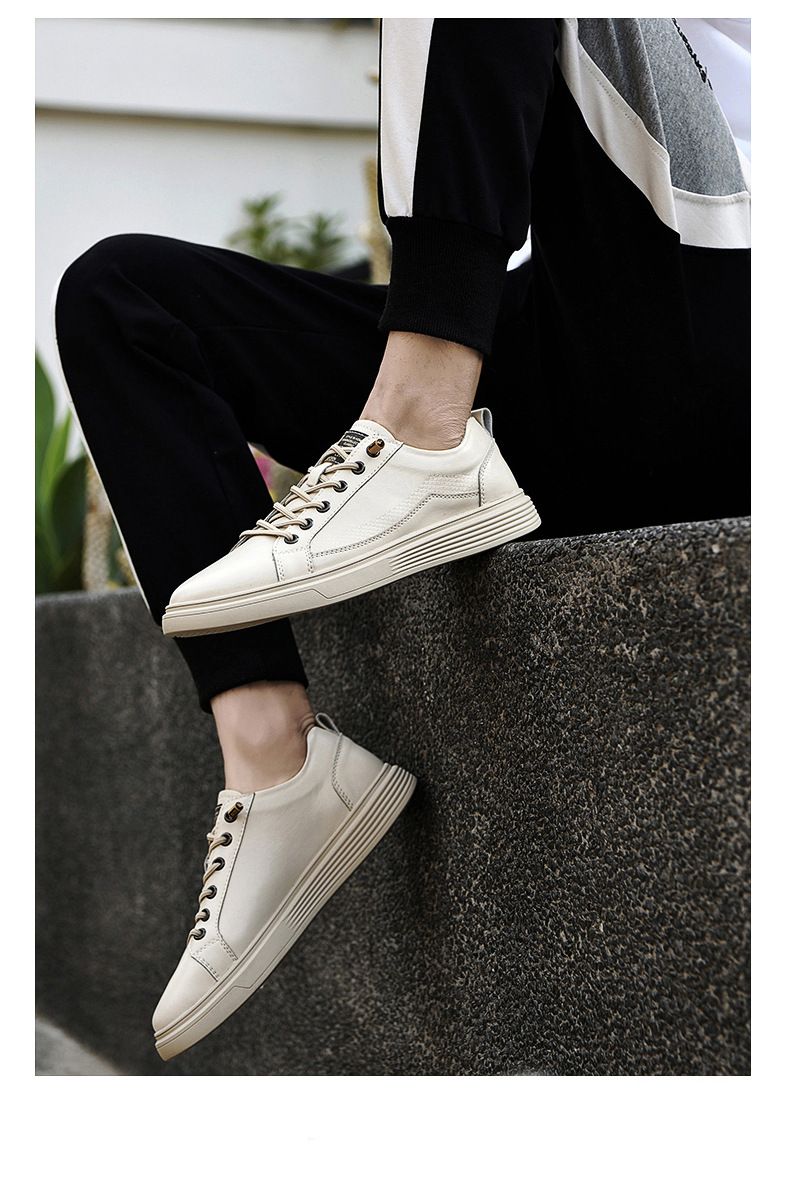 Men's Casual Board Shoes Two-layer Cowhide Hong Kong Style Tide And Breathable Flat-bottomed Men's Small Leather Shoes Elastic Shoes_voghion.com