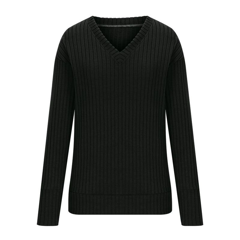 Maglietta da donna a maniche lunghe con scollo a V e lavorazione a coste in maglia spazzolata 2025_voghion.com