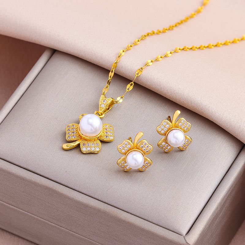 Klassieke micro-ingelegde zoete zonnebloem parel ketting oorbellen sieraden set licht luxe titanium stalen sleutelbeen ketting oorbellen dames_voghion.com