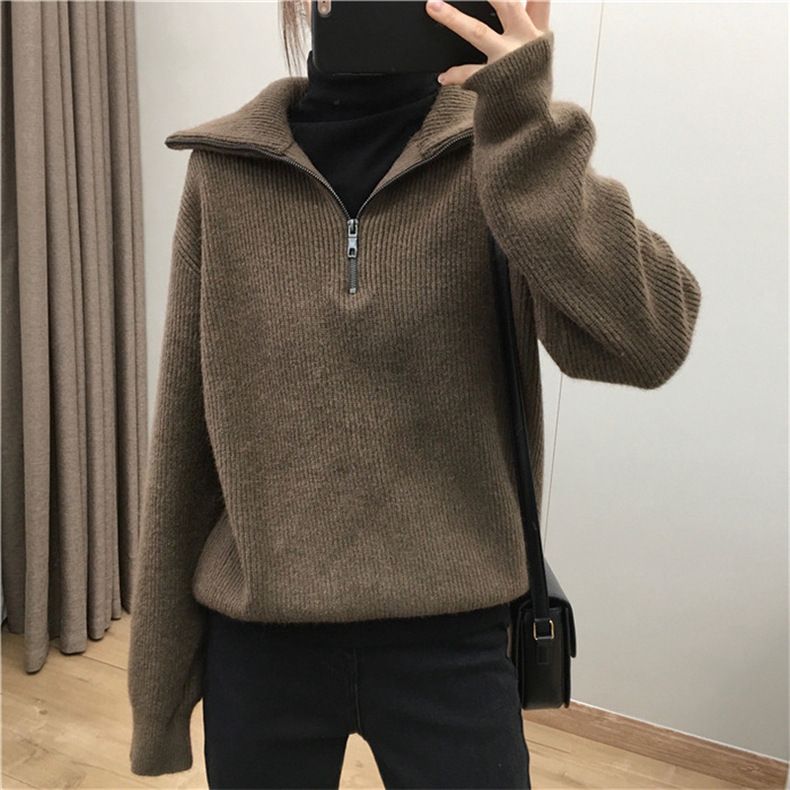 Cozy Oversized Zip-front Knit Sweater For Women - Lazy Chic Pullover With Stand Collar In Solid Colors (Gray, Beige, Coffee, Black, Blue, Oatmeal)_voghion.com