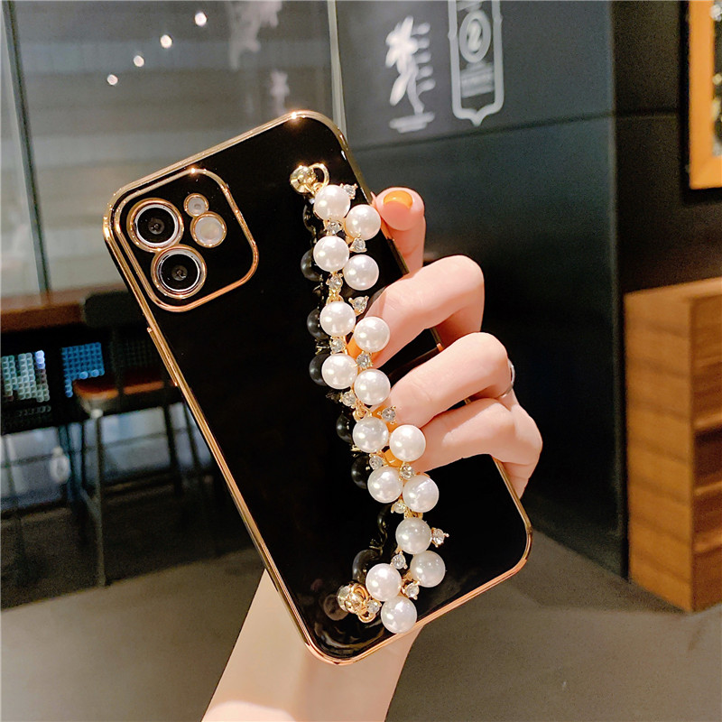 Lyxplätering Pearl Armband Kedja Mjukt Fodral För iPhone 13 14 12 Pro Max 11 XS X XR 7 8 Plus mini SE 2 Glitter Silikonskydd_voghion.com