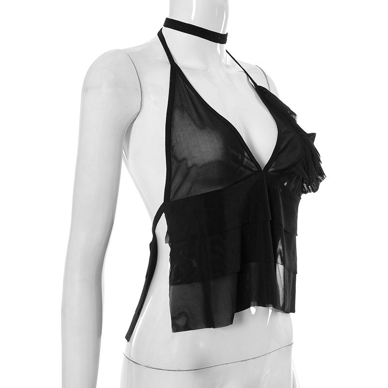 Q23TP310 Top corto sexy de malla negra con borde de madera para colgar el cuello y la parte superior del verano_voghion.com
