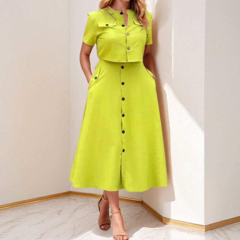K Women's Elegant Pure Color Casual Short Top With Single Button Skirt Fashion Suit_voghion.com