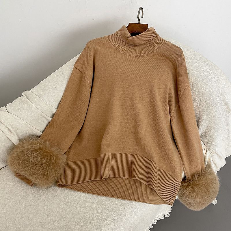Damenbekleidung Heißer Verkauf Damen Herbst und Winter neuer verdickter hochgeschlossener lockerer Strickpullover mit abnehmbaren Manschetten aus echtem Fuchs_voghion.com